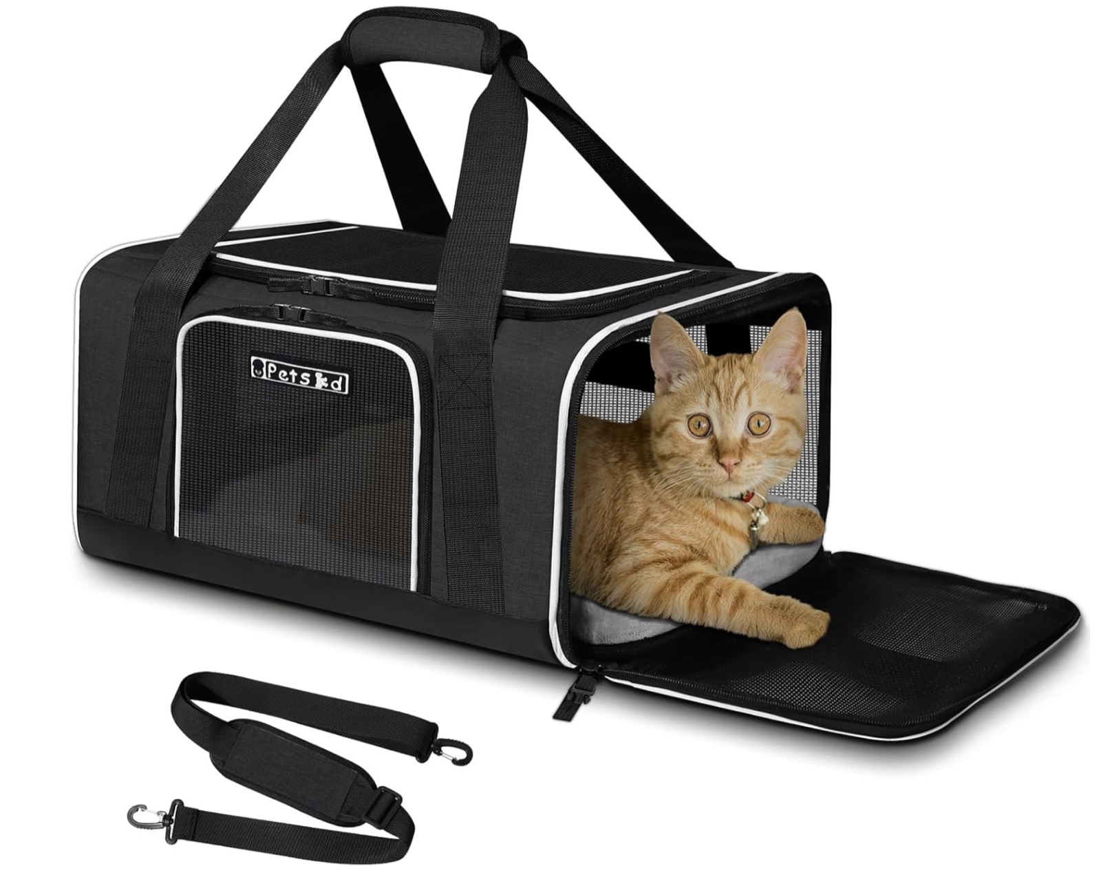 A black soft-sided pet carrier with mesh panels, sized for in-cabin air travel.