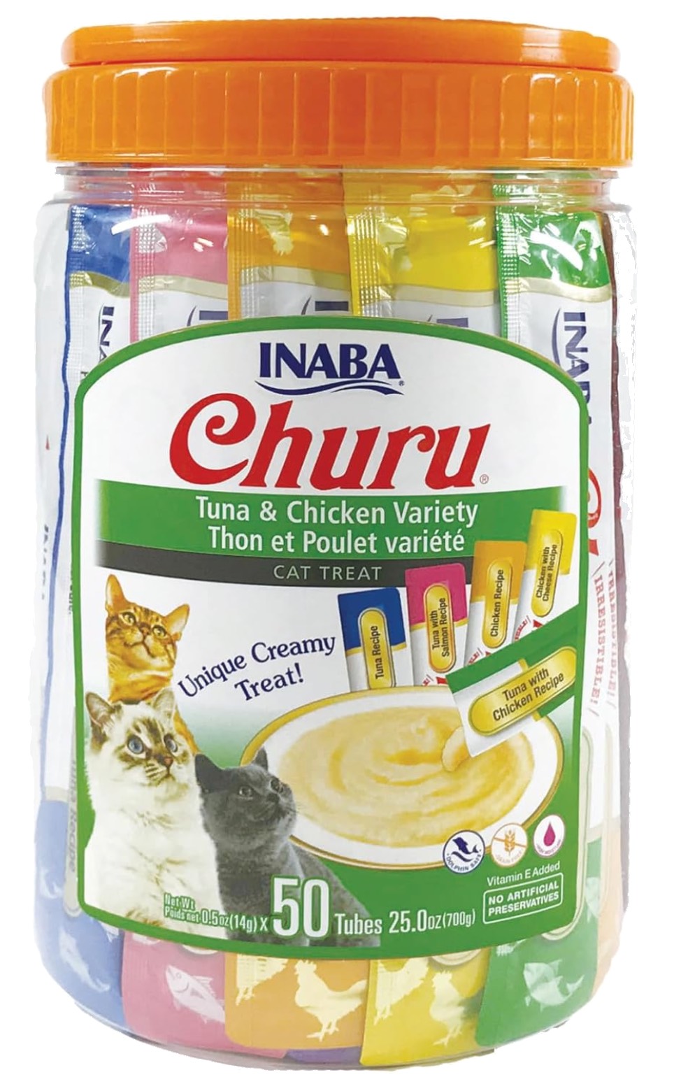 A jar of 50 INABA Churu lickable cat treat tubes in tuna and chicken varieties.