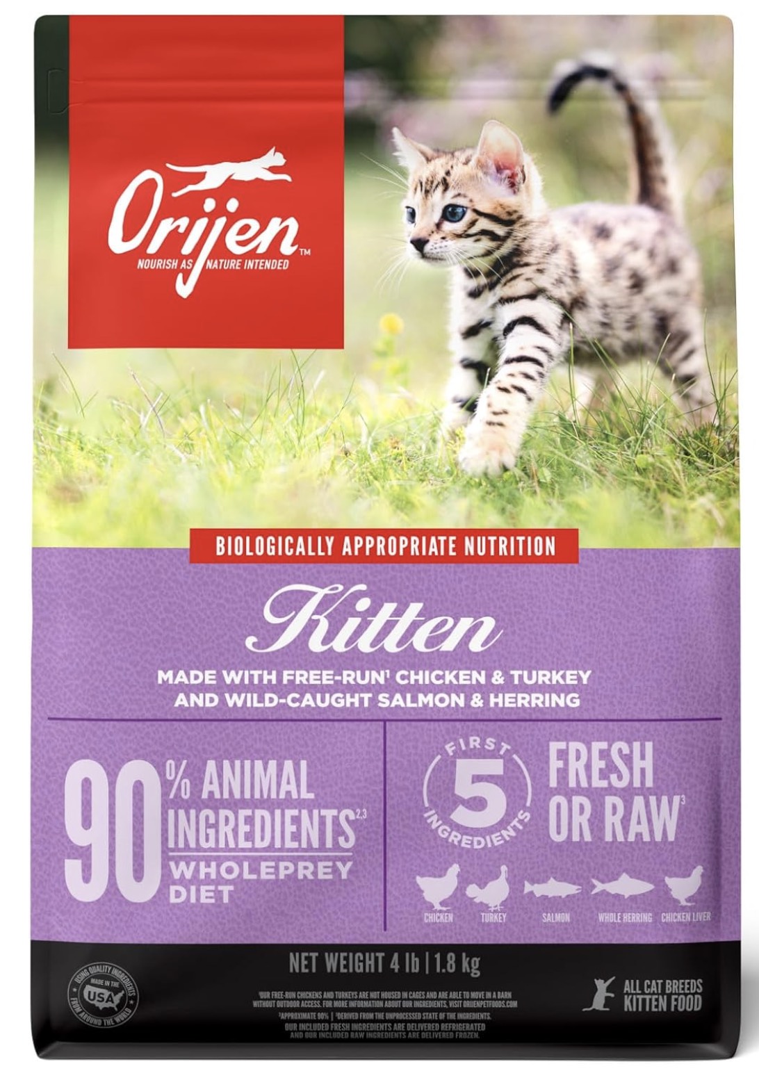 A 4 lb bag of ORIJEN grain free kitten dry cat food.