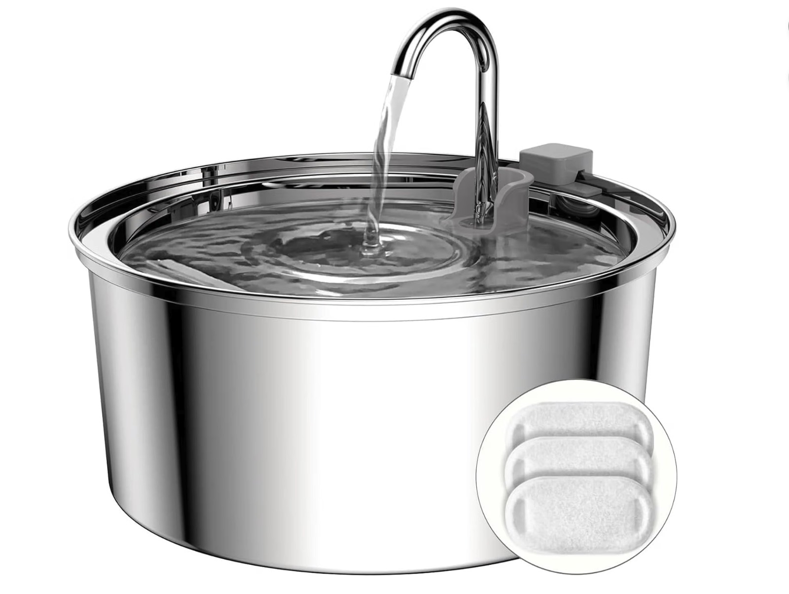 A stainless steel cat water fountain with an arched spout pouring into a round bowl, shown with replacement filters.