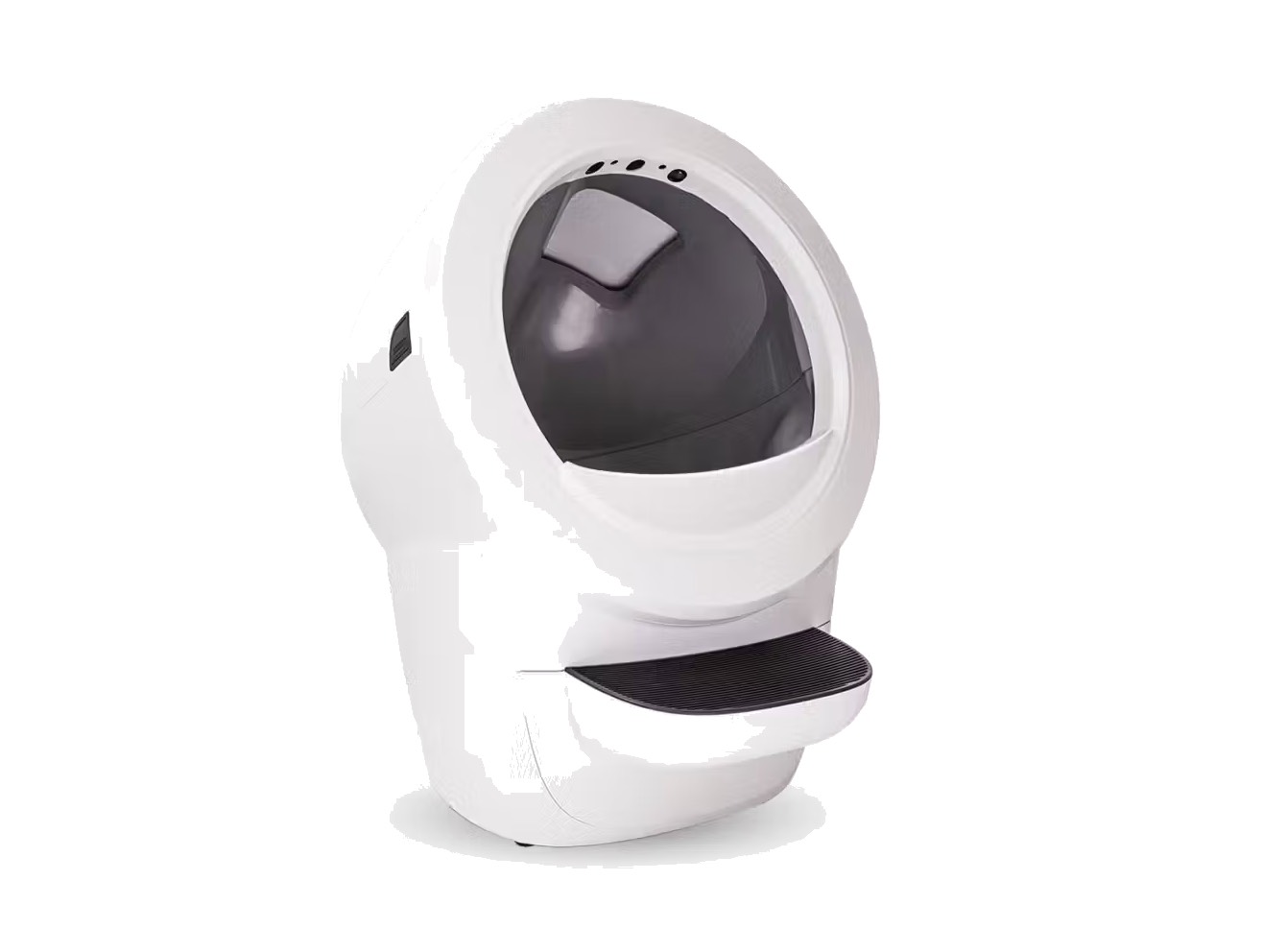 A white Litter-Robot self-cleaning litter box with a dark grey globe and a black step.