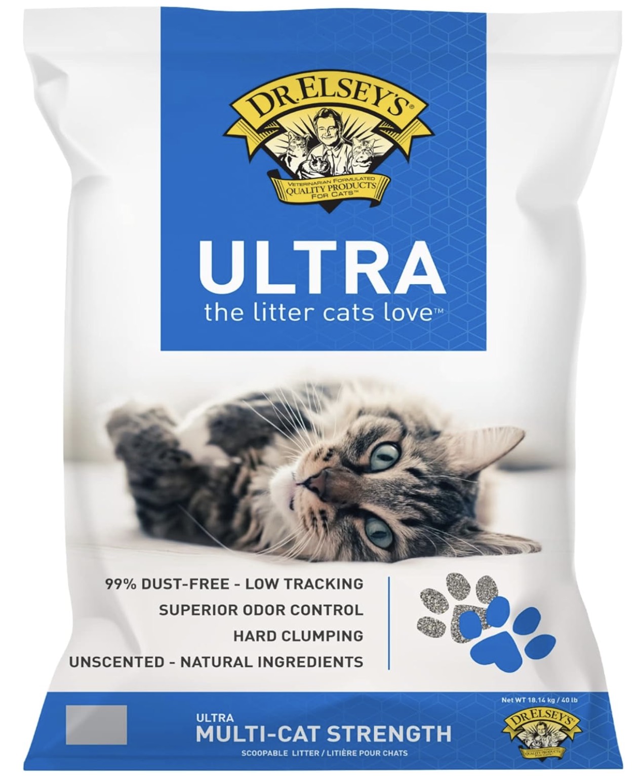 A 40 lb bag of Dr. Elsey's Precious Cat Ultra unscented clumping clay cat litter.