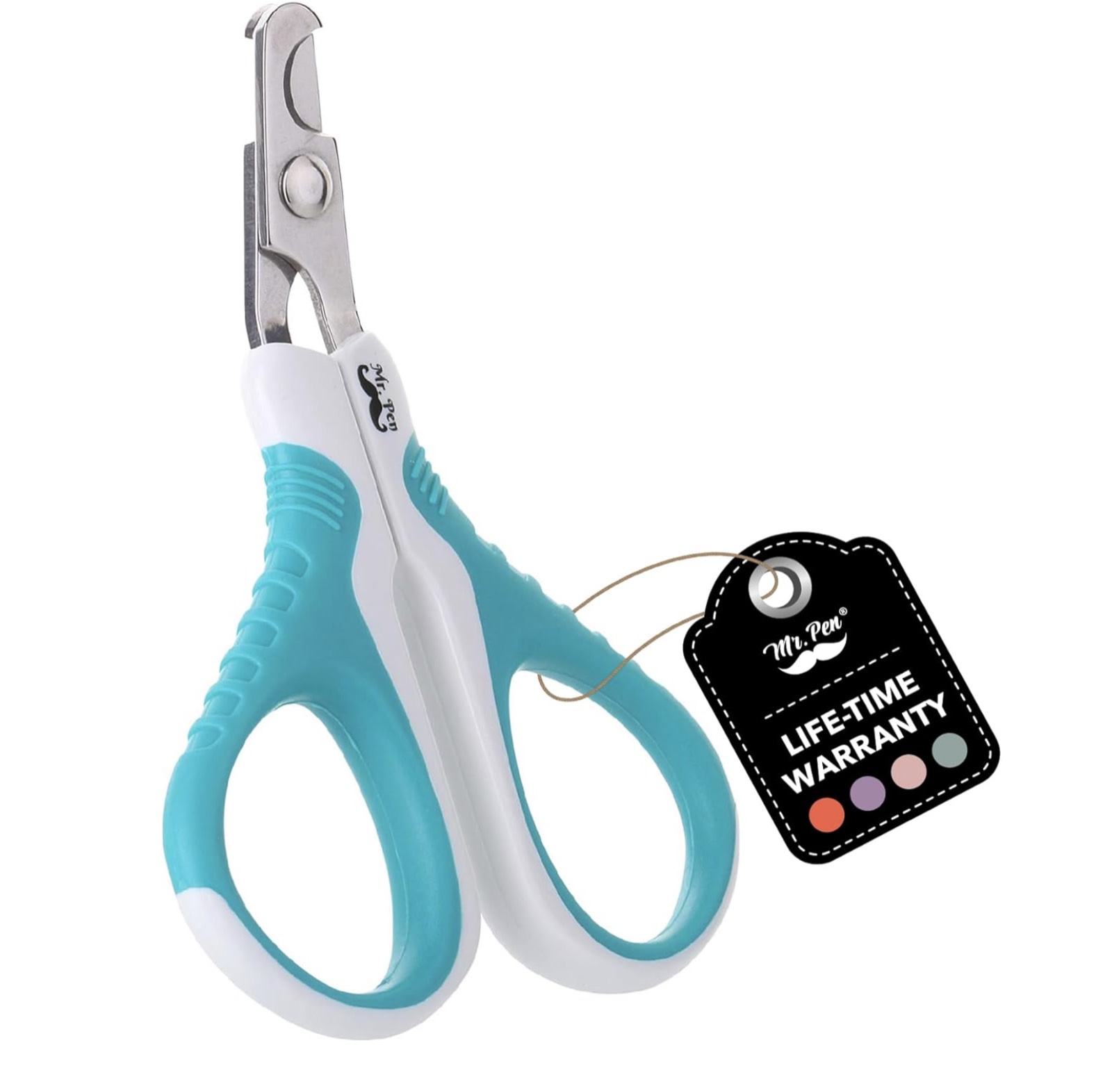A pair of small stainless steel cat nail clippers with black non-slip handles.