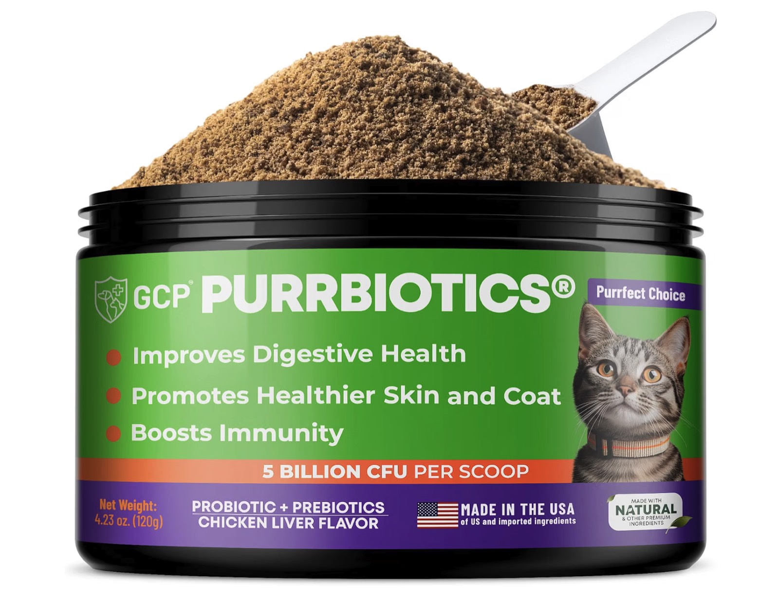 A tub of GCP Purrbiotics cat probiotic powder with a scoop of tan powder on top.