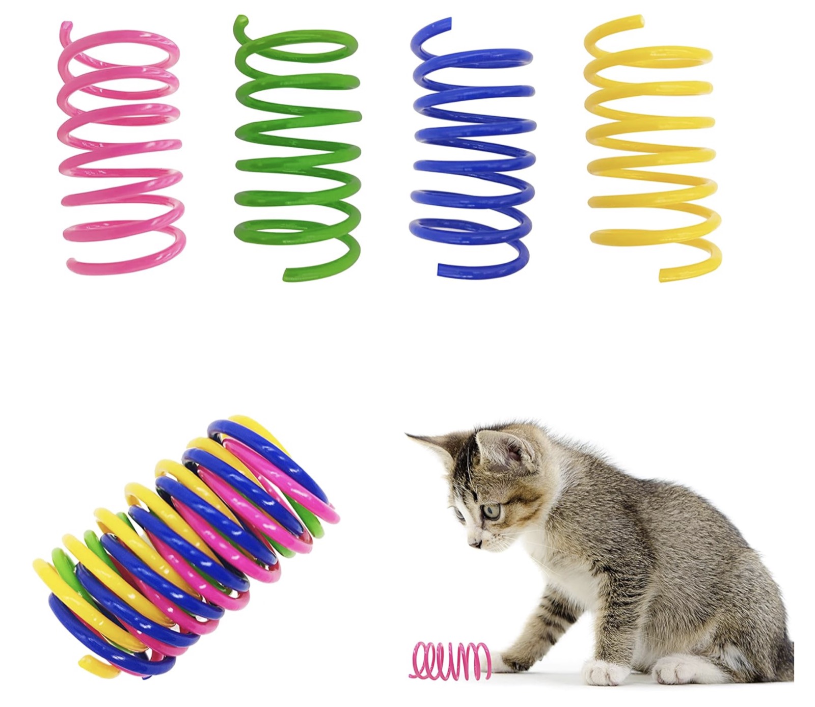 A pile of colourful plastic spring cat toys.