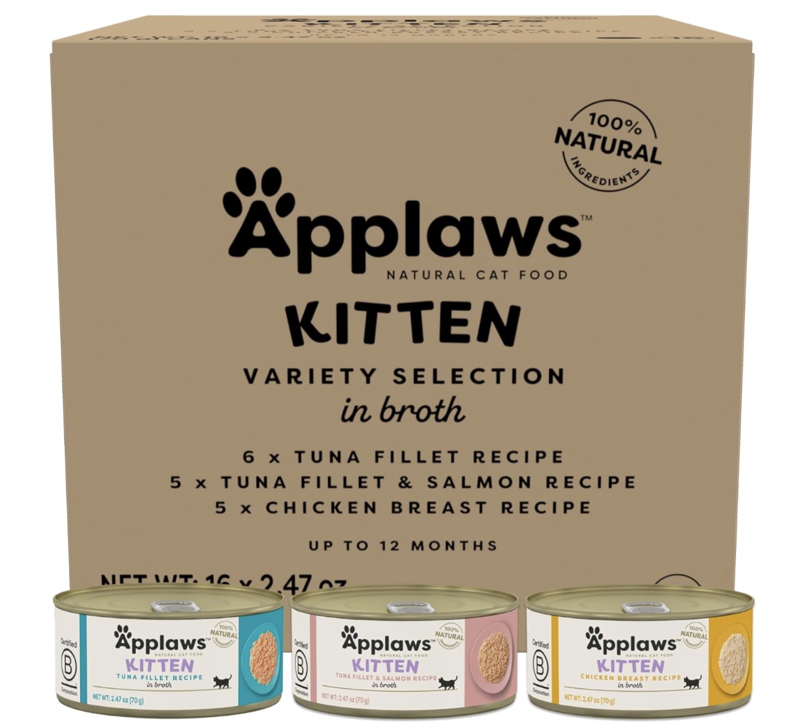 A 16-pack of Applaws Kitten wet food tins in tuna, salmon and chicken varieties.