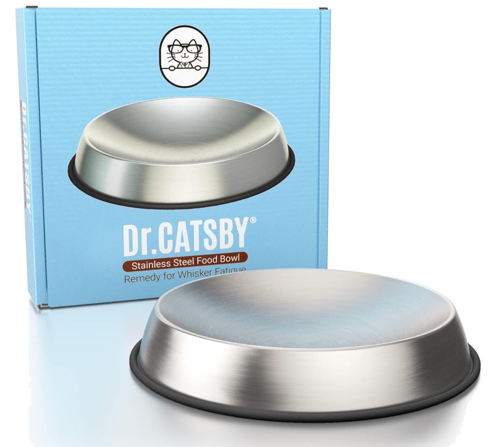 Dr. Catsby's shallow stainless steel whisker relief food bowl beside its blue box.